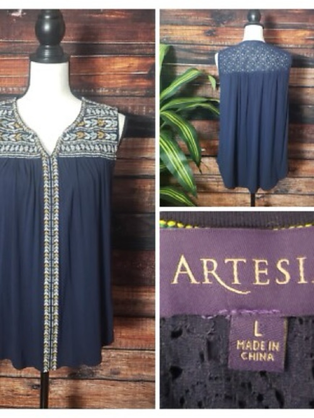Navy Embroidered Sleeveless Tunic Top